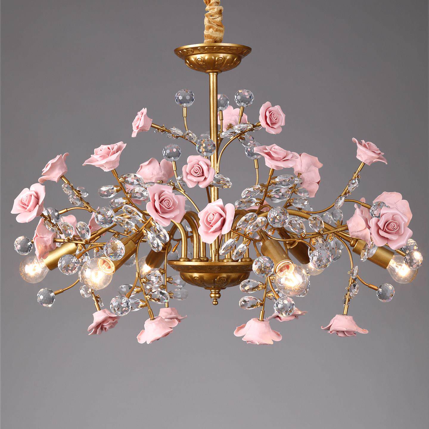 Roseto Chandelier - Hand-Crafted Porcelain Rose & Crystal Pendant | Romantic Floral Luxury Lighting