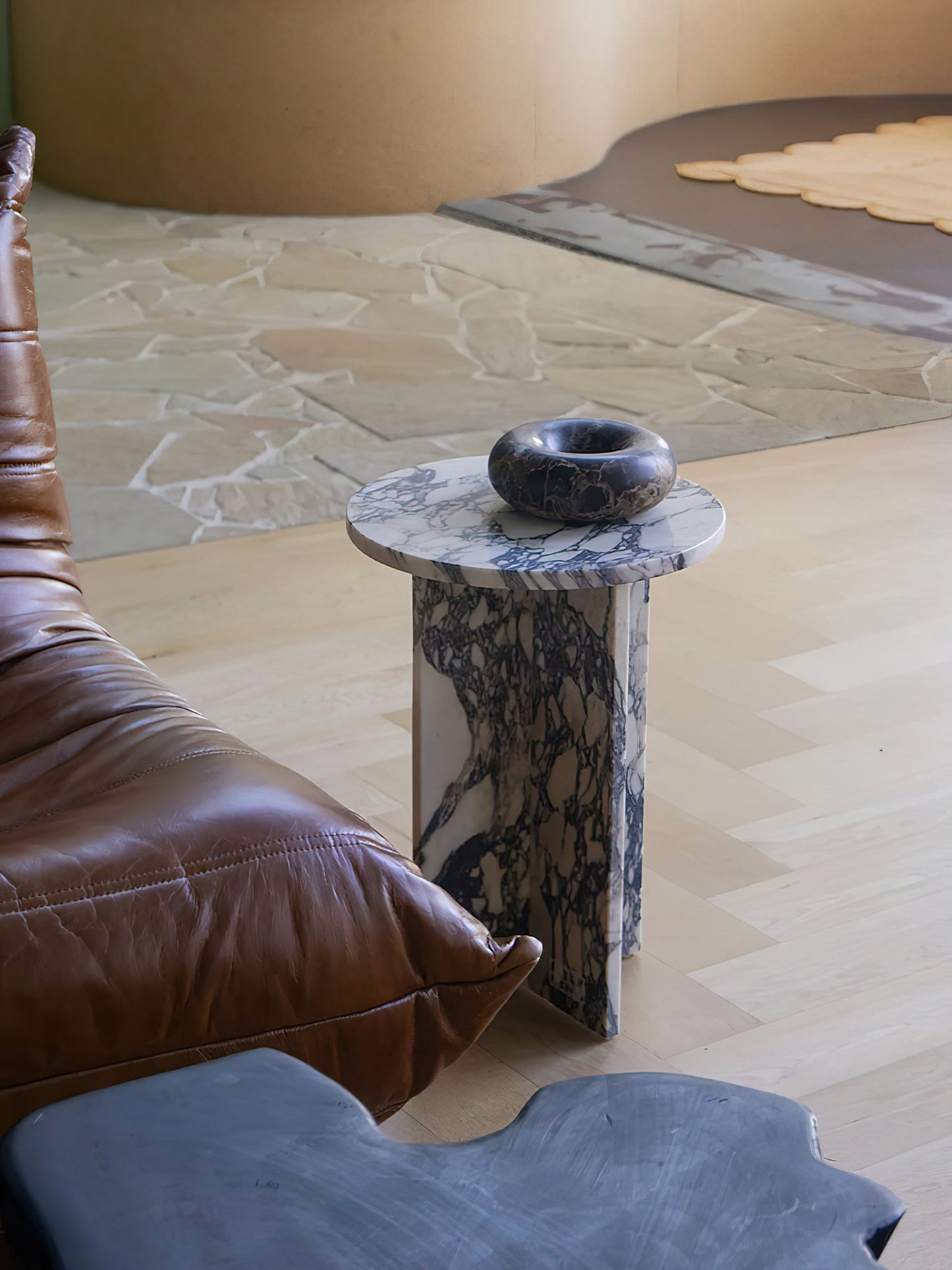 Rosie Marble Side Table - Bulgari & Travertine Natural Stone Pedestal | Luxury Minimalist Bedside Table