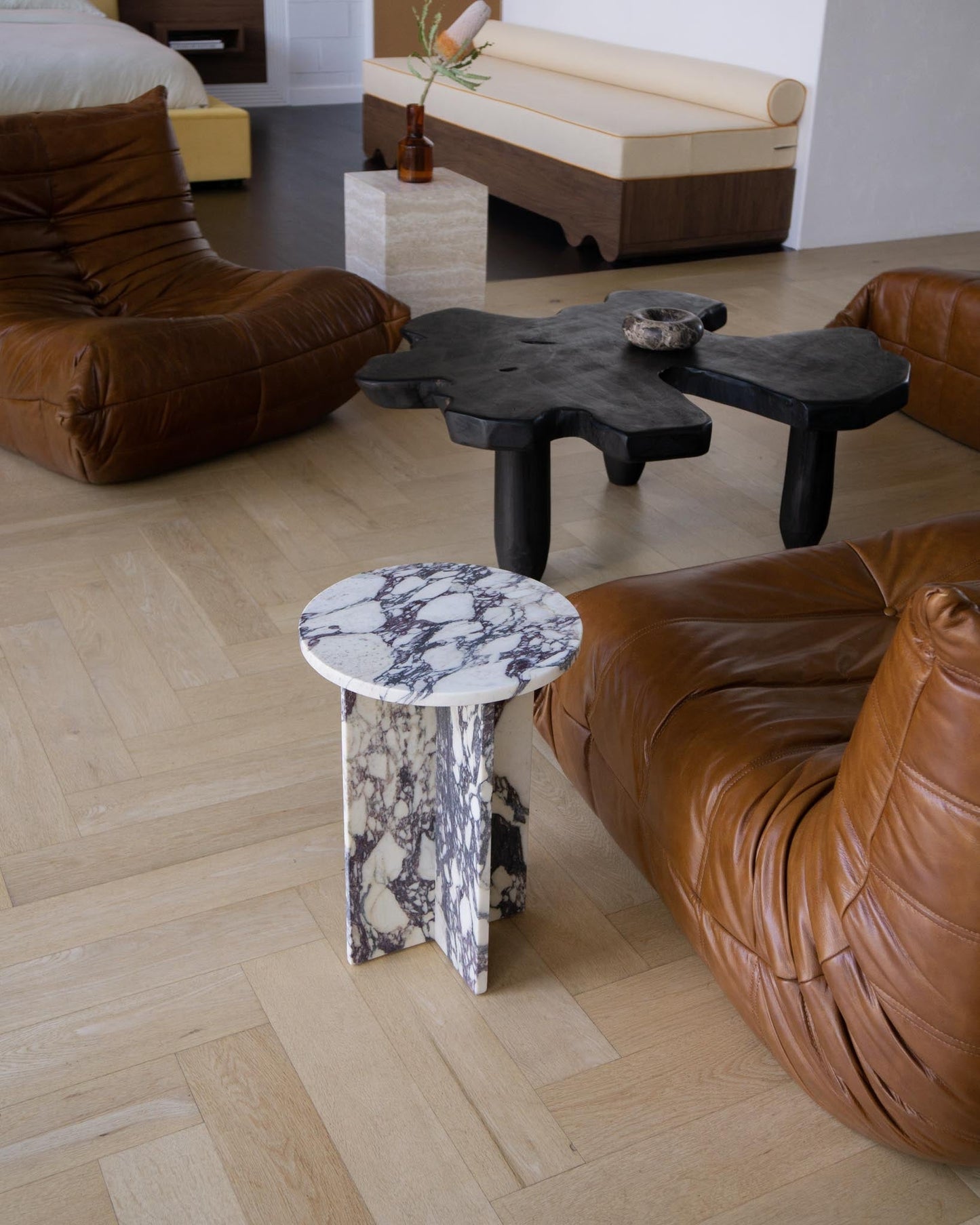 Rosie Marble Side Table - Bulgari & Travertine Natural Stone Pedestal | Luxury Minimalist Bedside Table