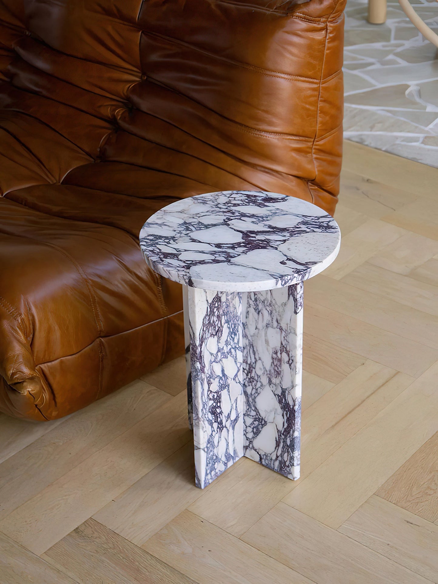 Rosie Marble Side Table - Bulgari & Travertine Natural Stone Pedestal | Luxury Minimalist Bedside Table