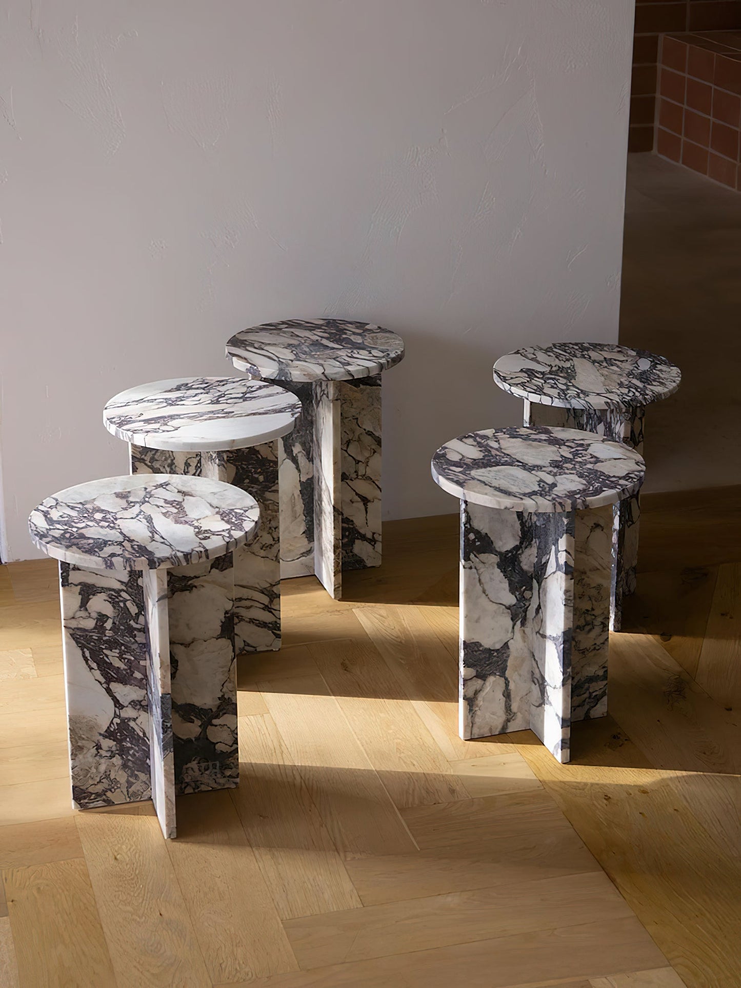 Rosie Marble Side Table - Bulgari & Travertine Natural Stone Pedestal | Luxury Minimalist Bedside Table