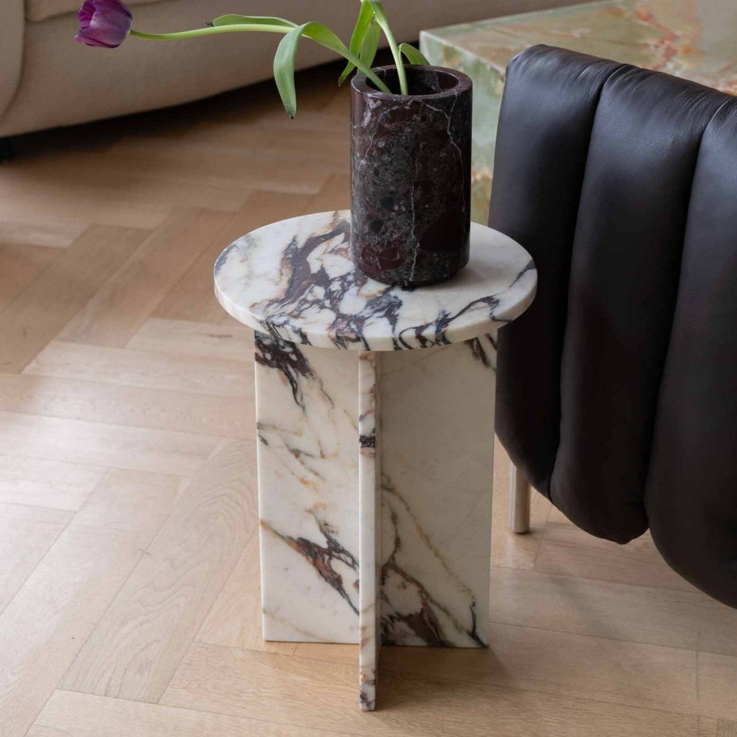Rosie Marble Side Table - Bulgari & Travertine Natural Stone Pedestal | Luxury Minimalist Bedside Table