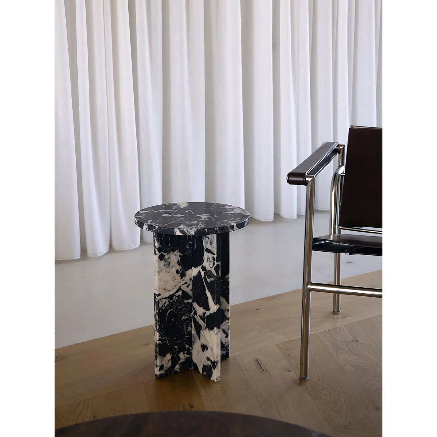 Rosie Marble Side Table - Bulgari & Travertine Natural Stone Pedestal | Luxury Minimalist Bedside Table
