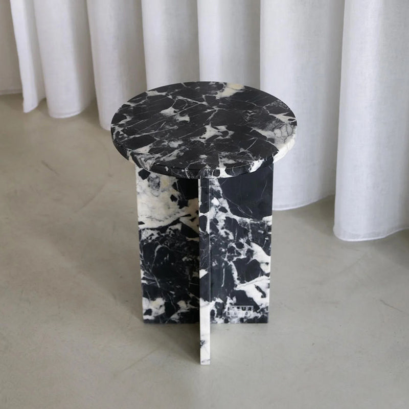 Rosie Marble Side Table - Bulgari & Travertine Natural Stone Pedestal | Luxury Minimalist Bedside Table