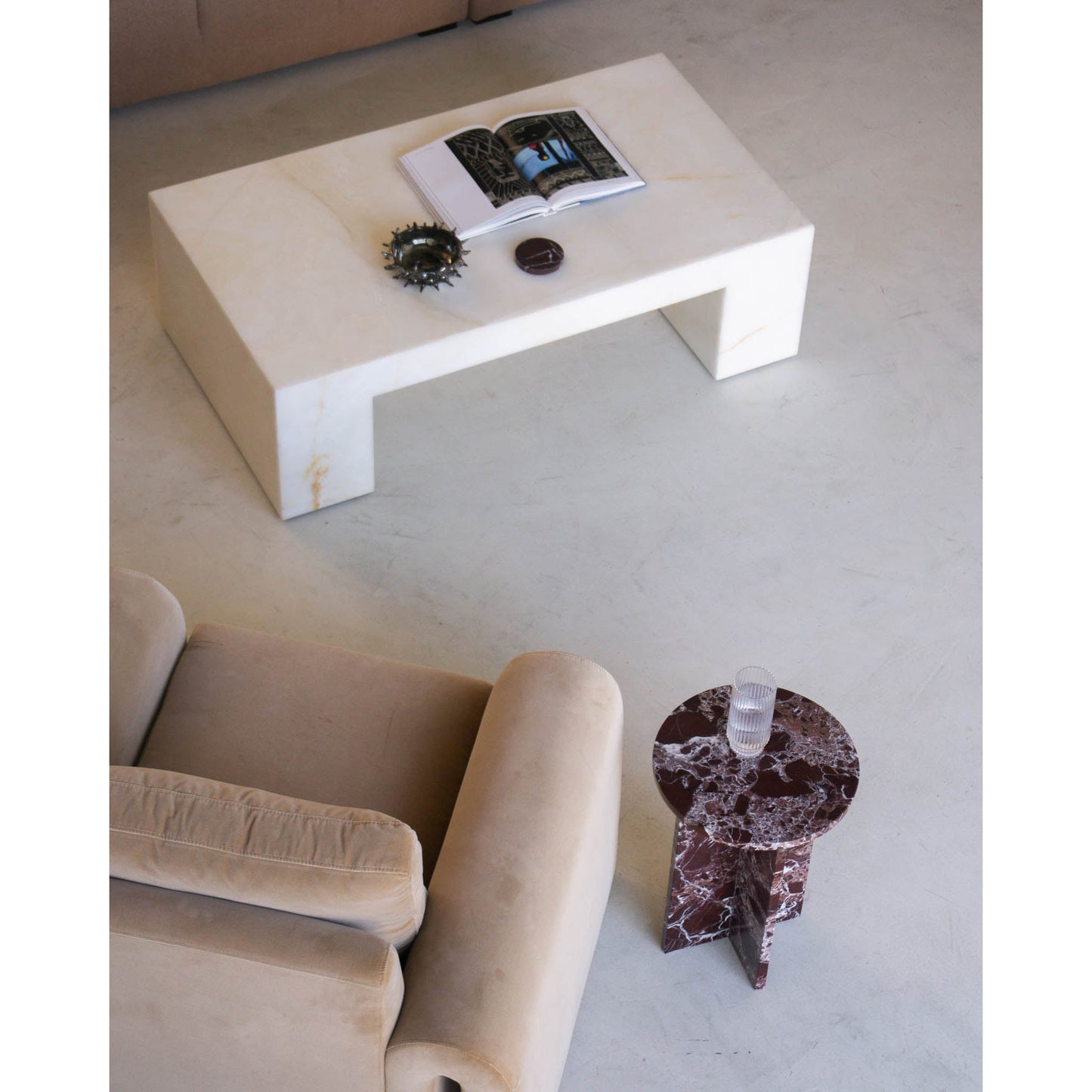 Rosie Marble Side Table - Bulgari & Travertine Natural Stone Pedestal | Luxury Minimalist Bedside Table