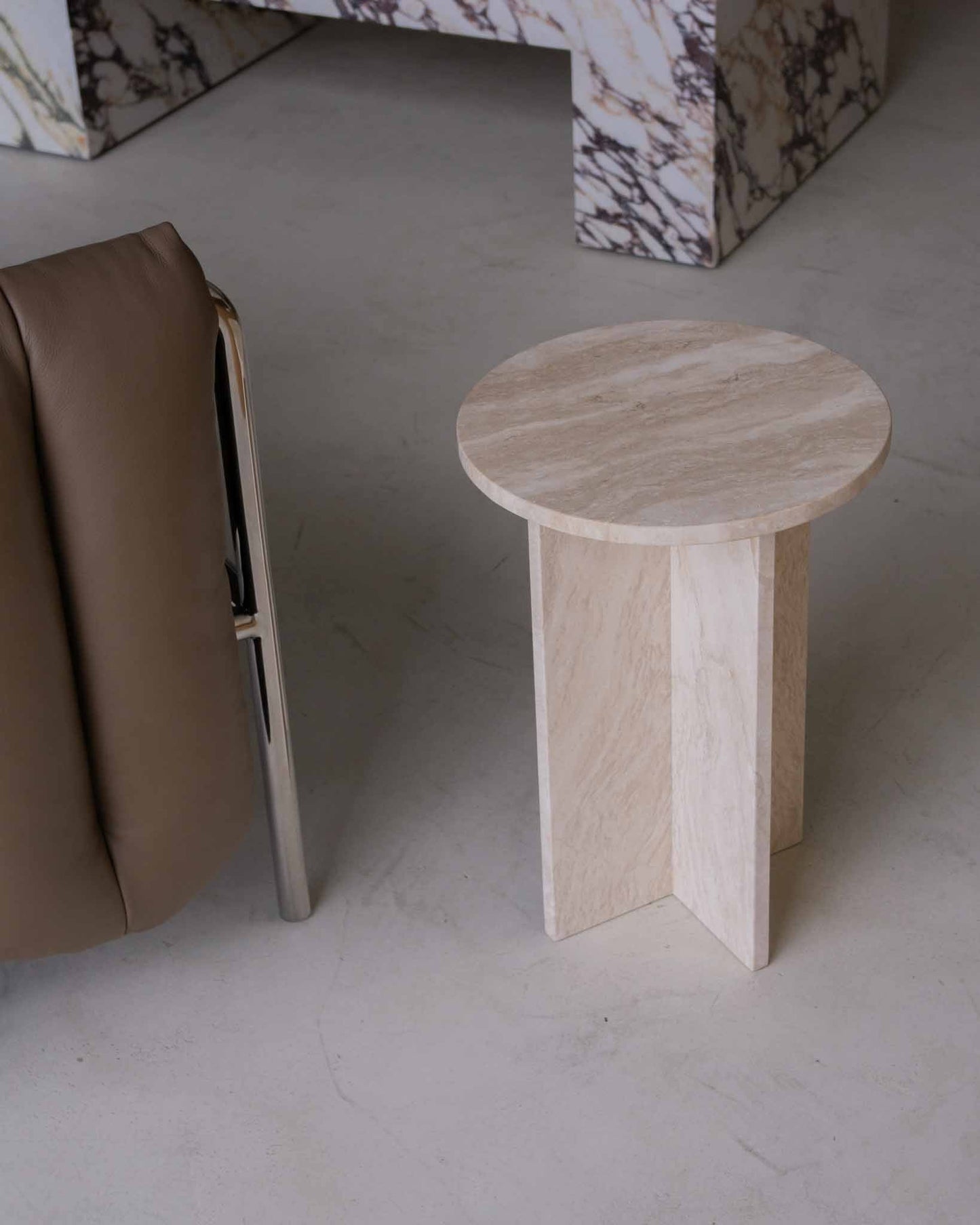Rosie Marble Side Table - Bulgari & Travertine Natural Stone Pedestal | Luxury Minimalist Bedside Table