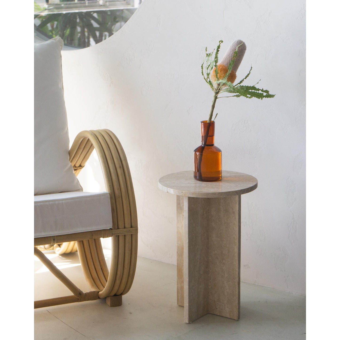 Rosie Marble Side Table - Bulgari & Travertine Natural Stone Pedestal | Luxury Minimalist Bedside Table