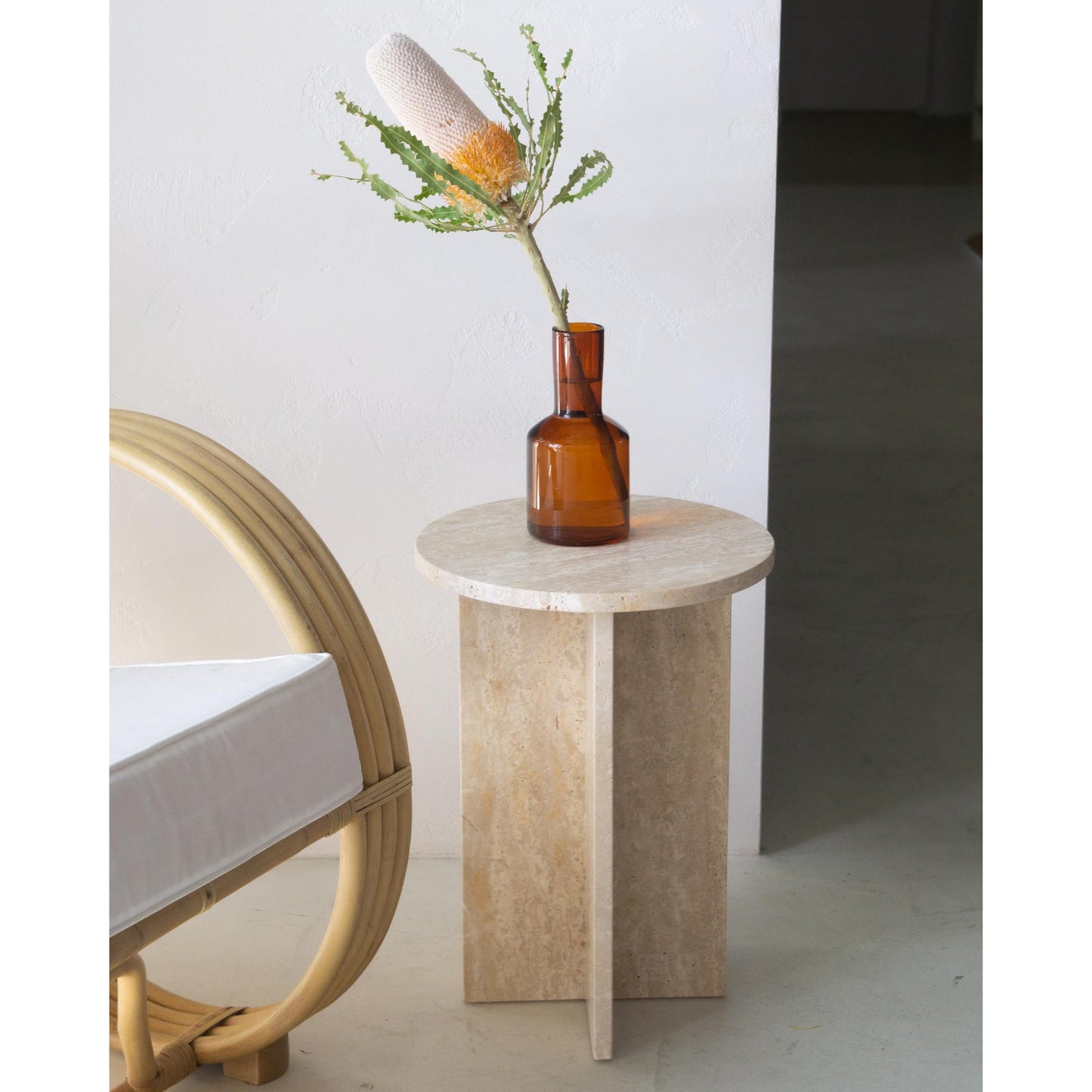 Rosie Marble Side Table - Bulgari & Travertine Natural Stone Pedestal | Luxury Minimalist Bedside Table