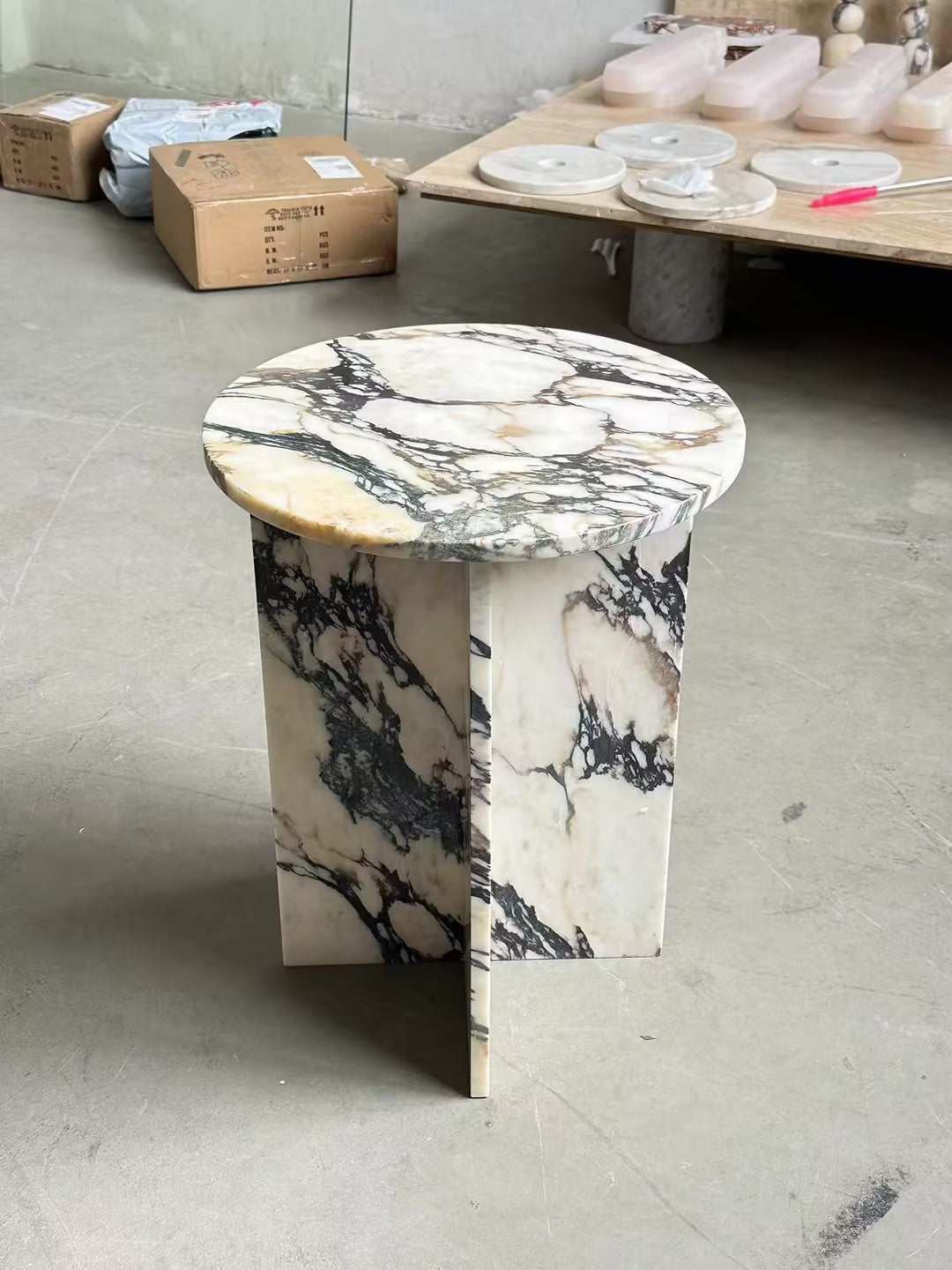 Rosie Marble Side Table - Bulgari & Travertine Natural Stone Pedestal | Luxury Minimalist Bedside Table