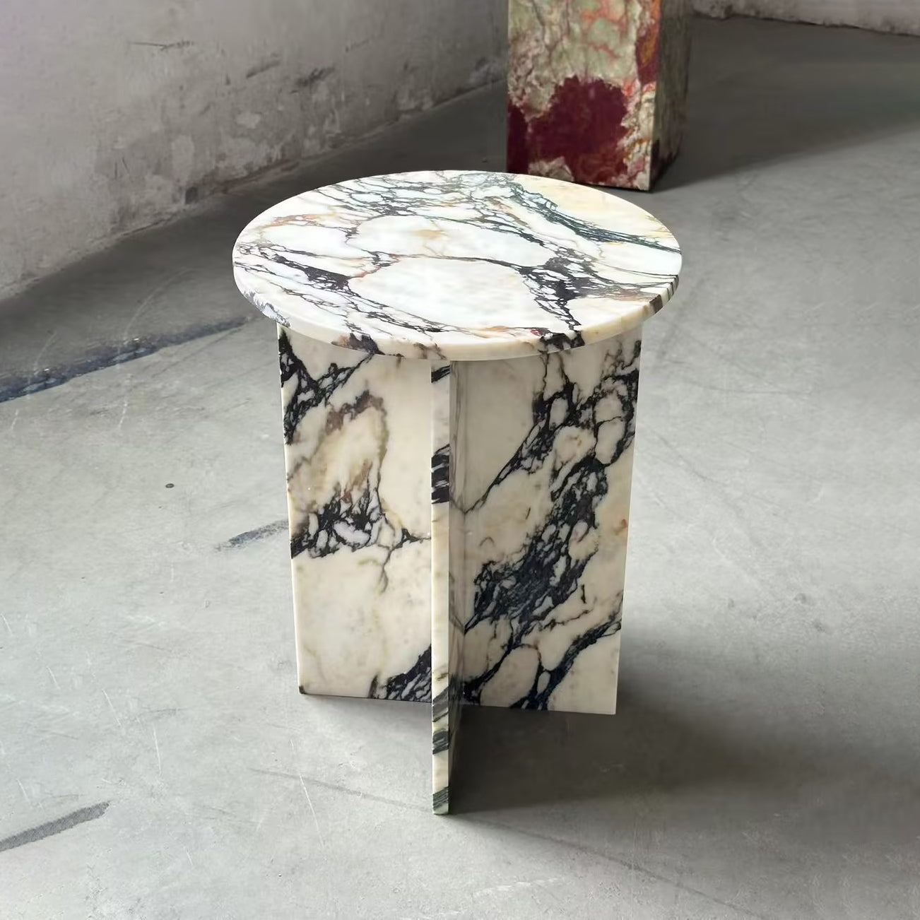 Rosie Marble Side Table - Bulgari & Travertine Natural Stone Pedestal | Luxury Minimalist Bedside Table