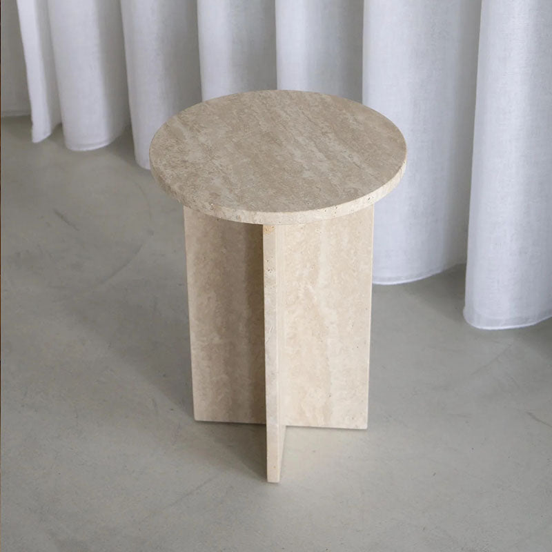 Rosie Marble Side Table - Bulgari & Travertine Natural Stone Pedestal | Luxury Minimalist Bedside Table