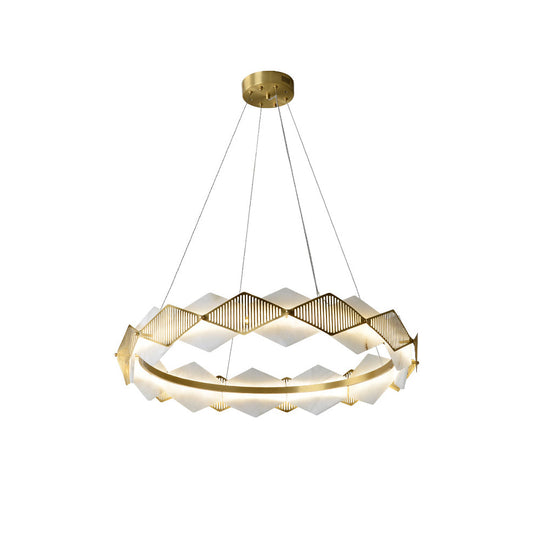 Rote LED Alabaster Chandelier - Geometric Brass & Natural Stone Pendant | Modern Architectural Centerpiece