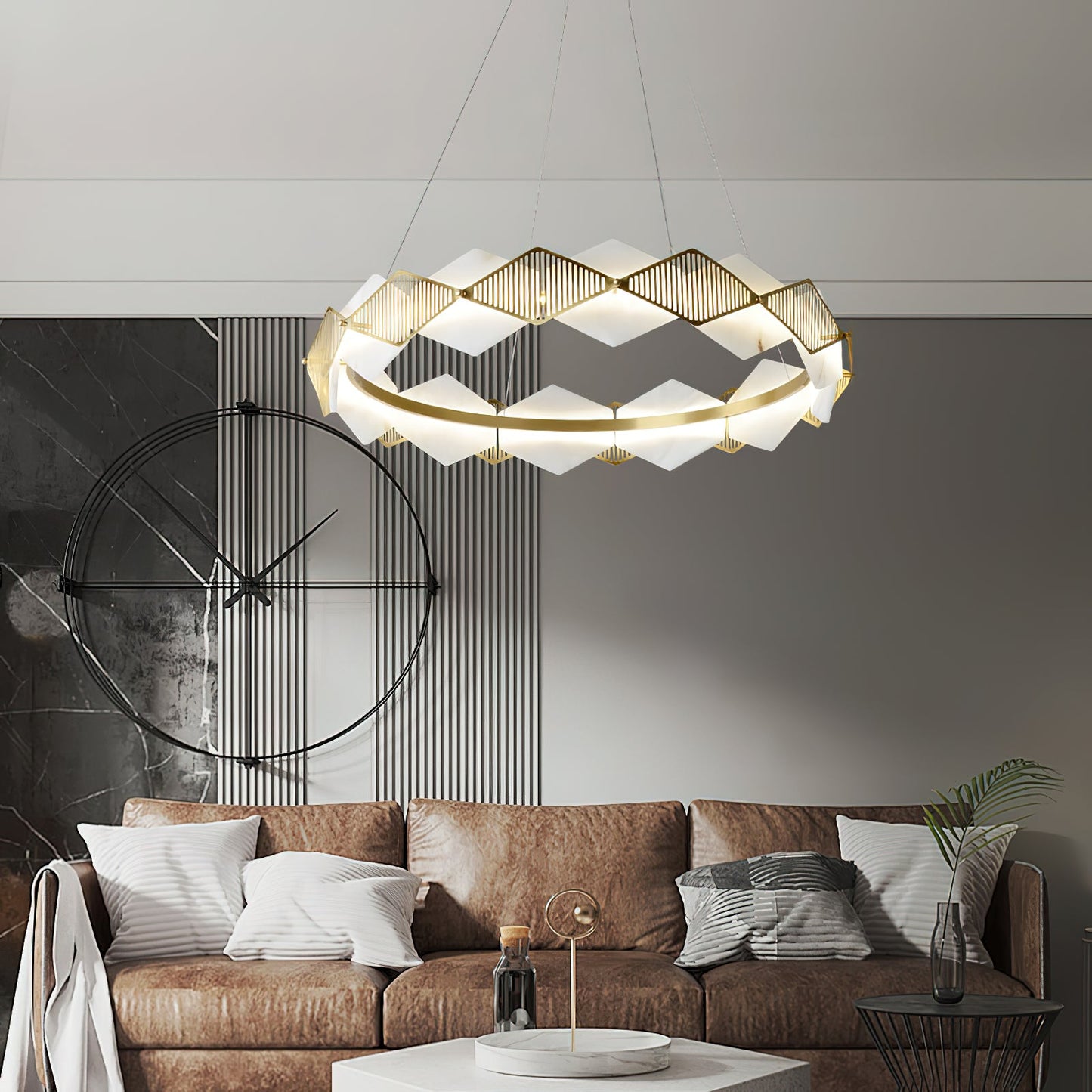 Rote LED Alabaster Chandelier - Geometric Brass & Natural Stone Pendant | Modern Architectural Centerpiece