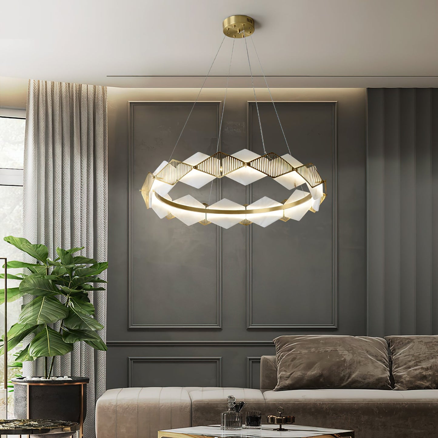 Rote LED Alabaster Chandelier - Geometric Brass & Natural Stone Pendant | Modern Architectural Centerpiece