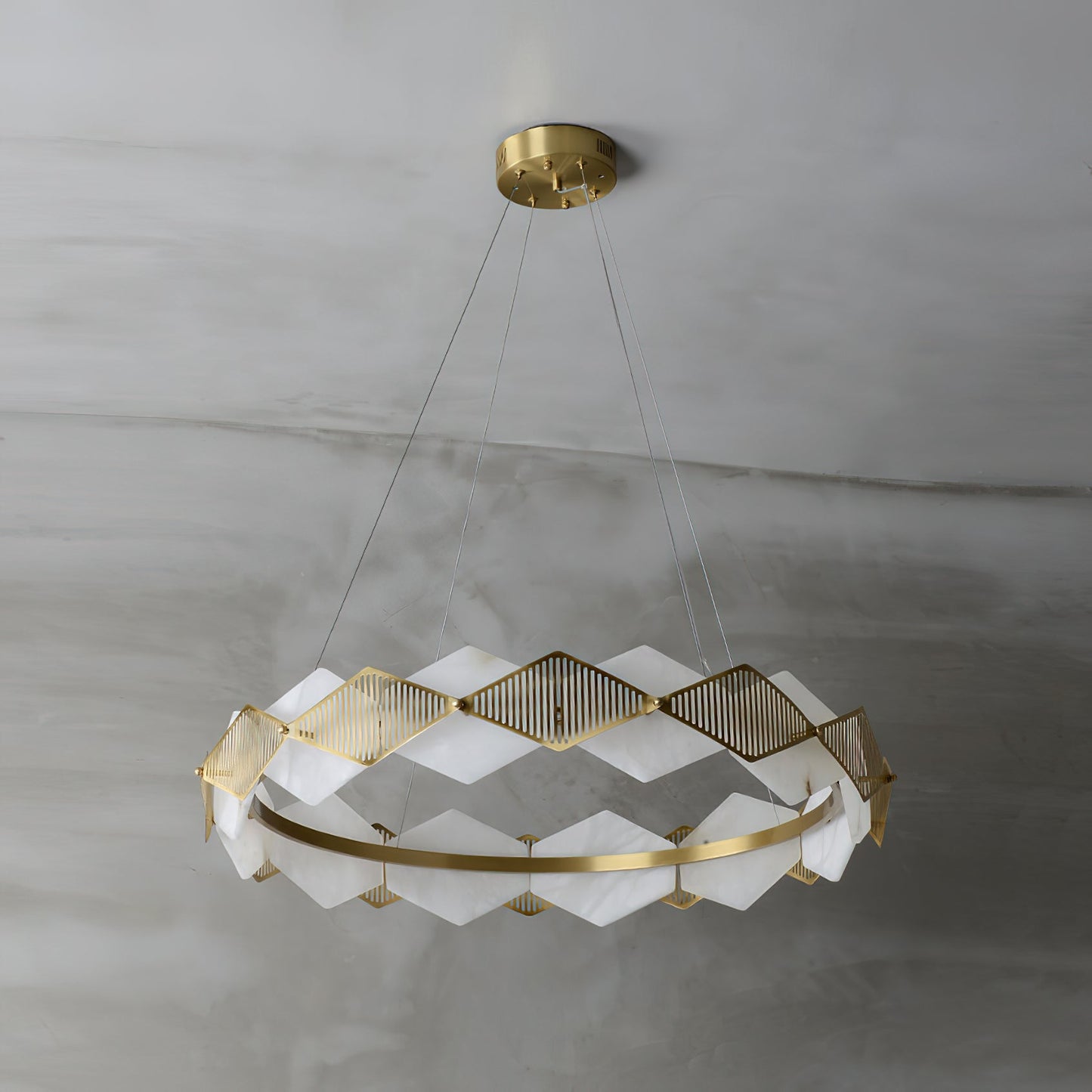 Rote LED Alabaster Chandelier - Geometric Brass & Natural Stone Pendant | Modern Architectural Centerpiece