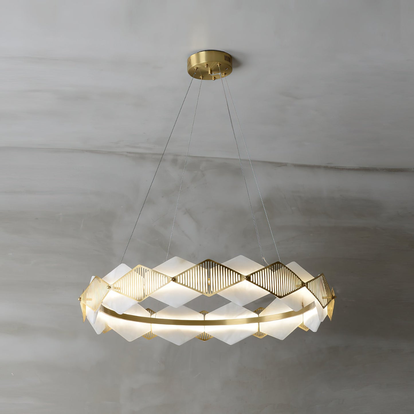 Rote LED Alabaster Chandelier - Geometric Brass & Natural Stone Pendant | Modern Architectural Centerpiece