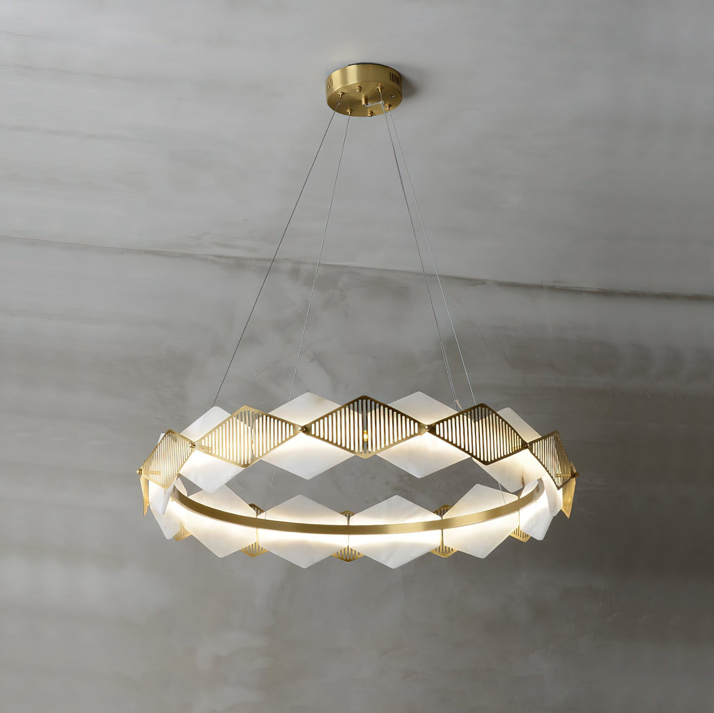 Rote LED Alabaster Chandelier - Geometric Brass & Natural Stone Pendant | Modern Architectural Centerpiece