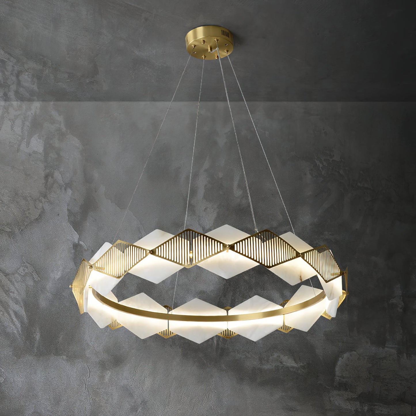 Rote LED Alabaster Chandelier - Geometric Brass & Natural Stone Pendant | Modern Architectural Centerpiece