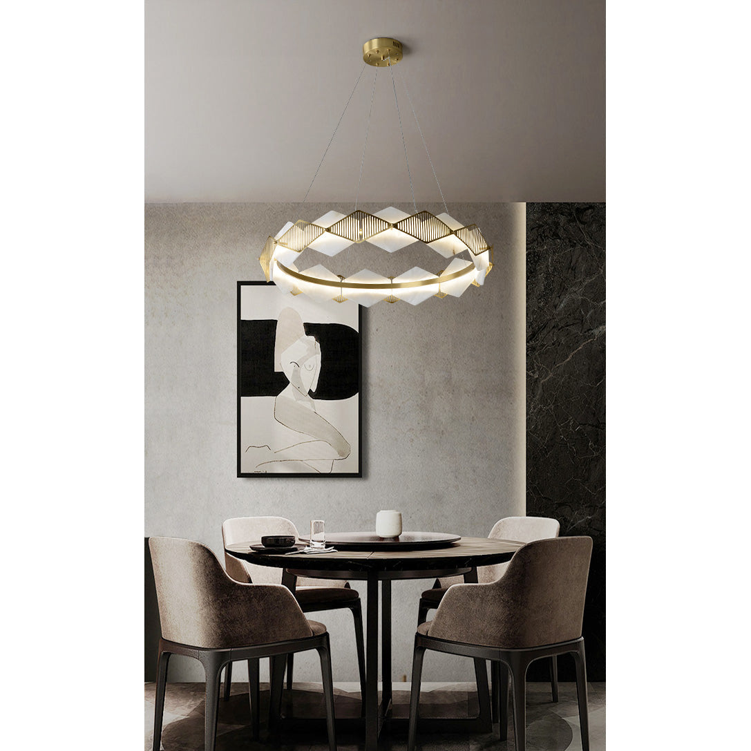 Rote LED Alabaster Chandelier - Geometric Brass & Natural Stone Pendant | Modern Architectural Centerpiece