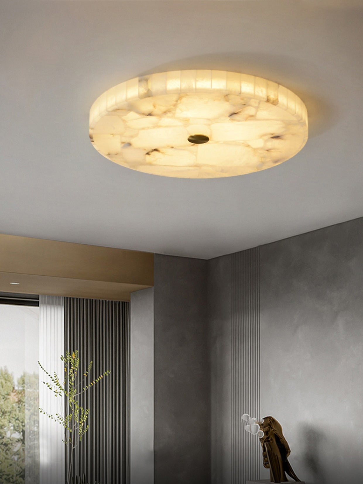 Round Mosaic Alabaster Ceiling Lamp - Genuine Stone & Brass Flush Mount LED | Luxury Modern Organic Lighting
