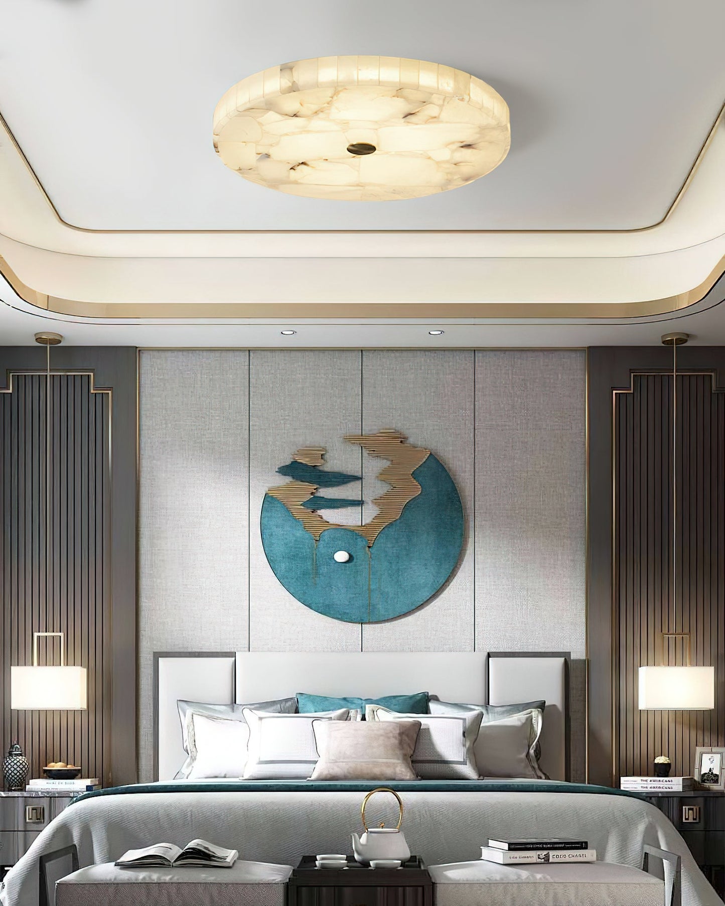 Round Mosaic Alabaster Ceiling Lamp - Genuine Stone & Brass Flush Mount LED | Luxury Modern Organic Lighting