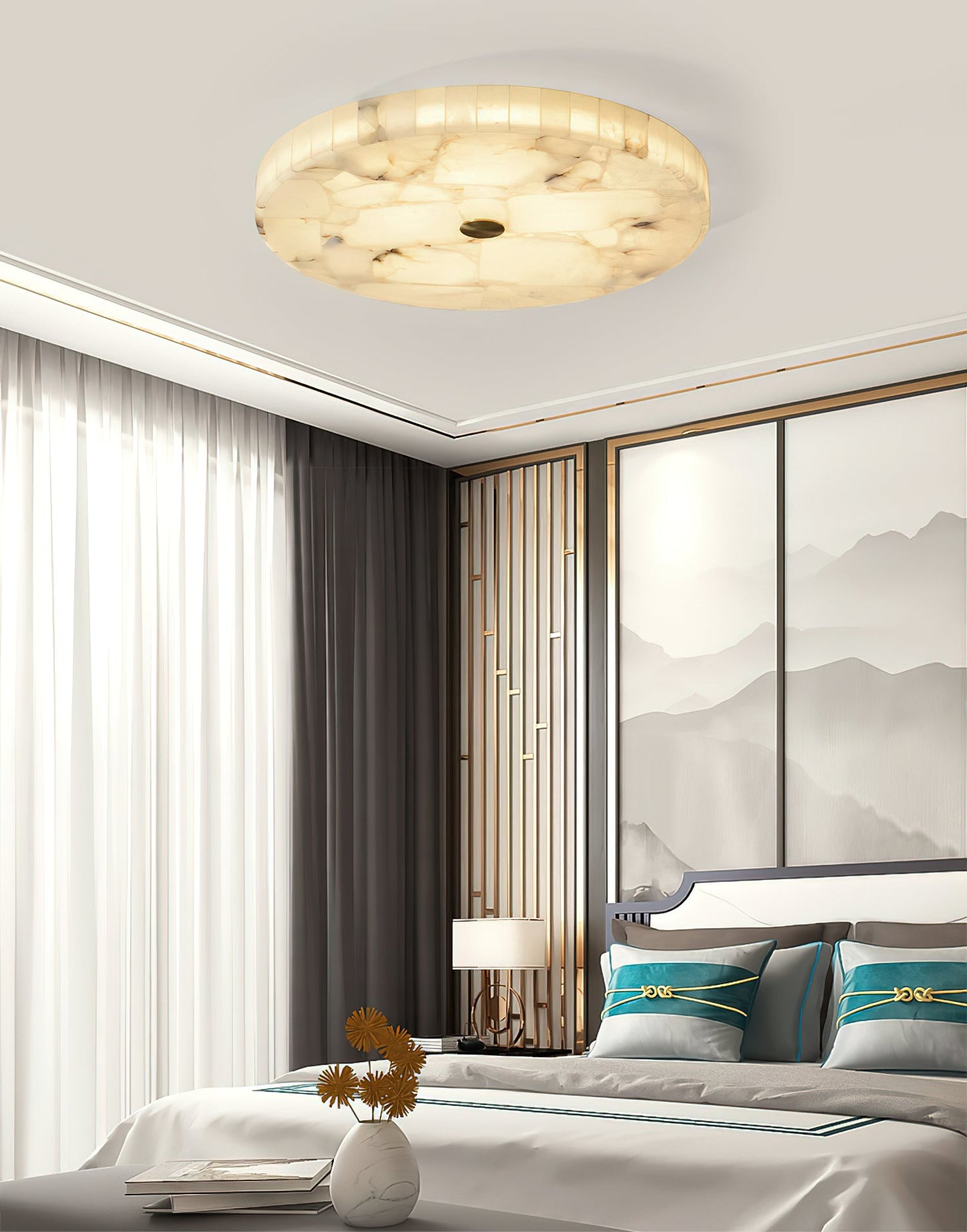 Round Mosaic Alabaster Ceiling Lamp - Genuine Stone & Brass Flush Mount LED | Luxury Modern Organic Lighting