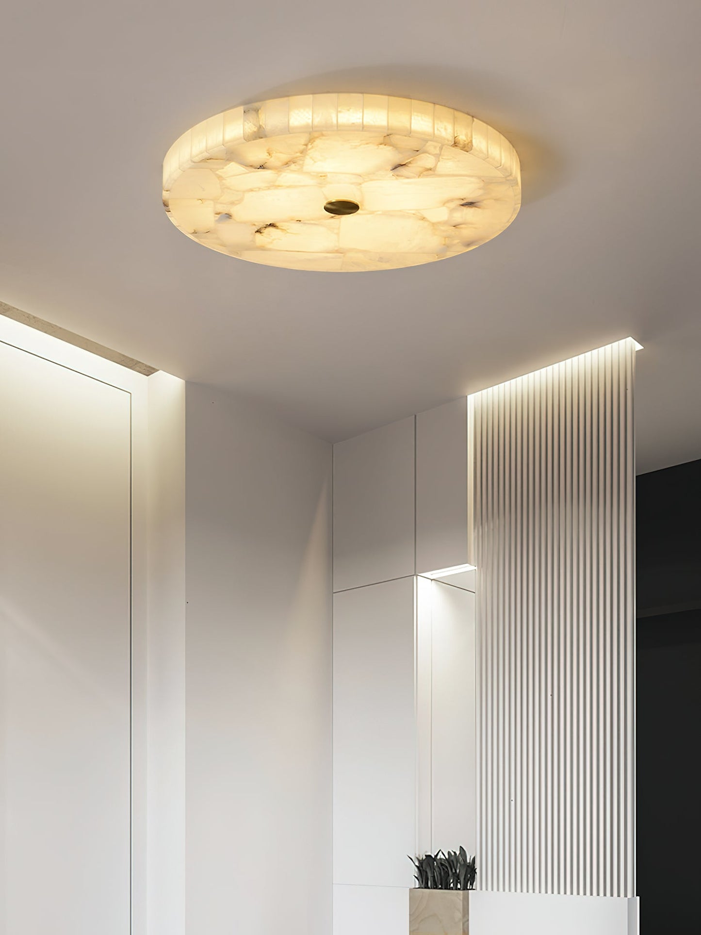 Round Mosaic Alabaster Ceiling Lamp - Genuine Stone & Brass Flush Mount LED | Luxury Modern Organic Lighting