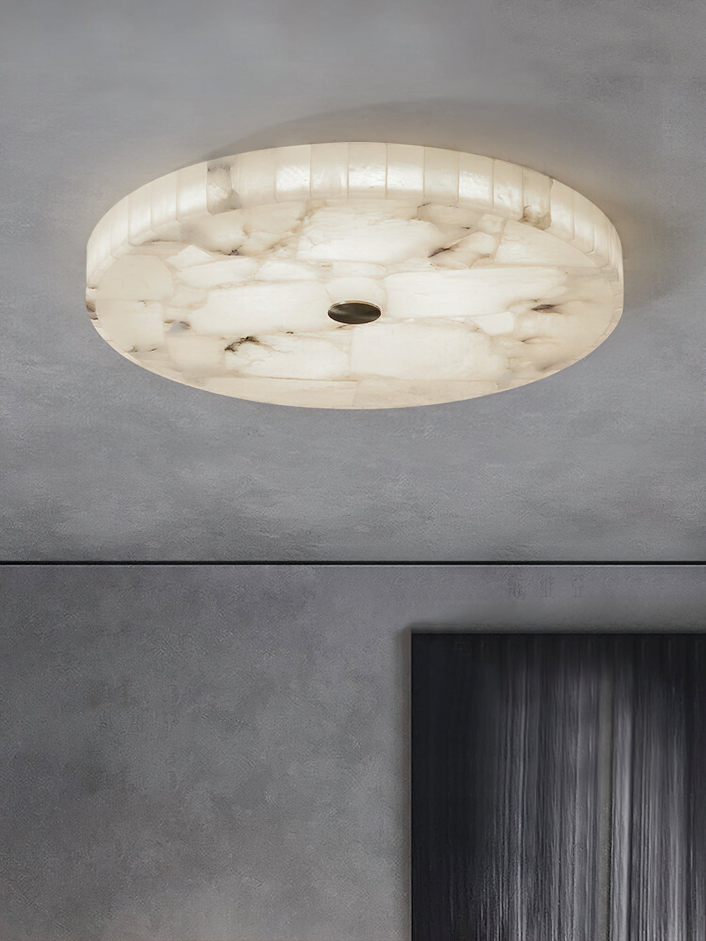 Round Mosaic Alabaster Ceiling Lamp - Genuine Stone & Brass Flush Mount LED | Luxury Modern Organic Lighting