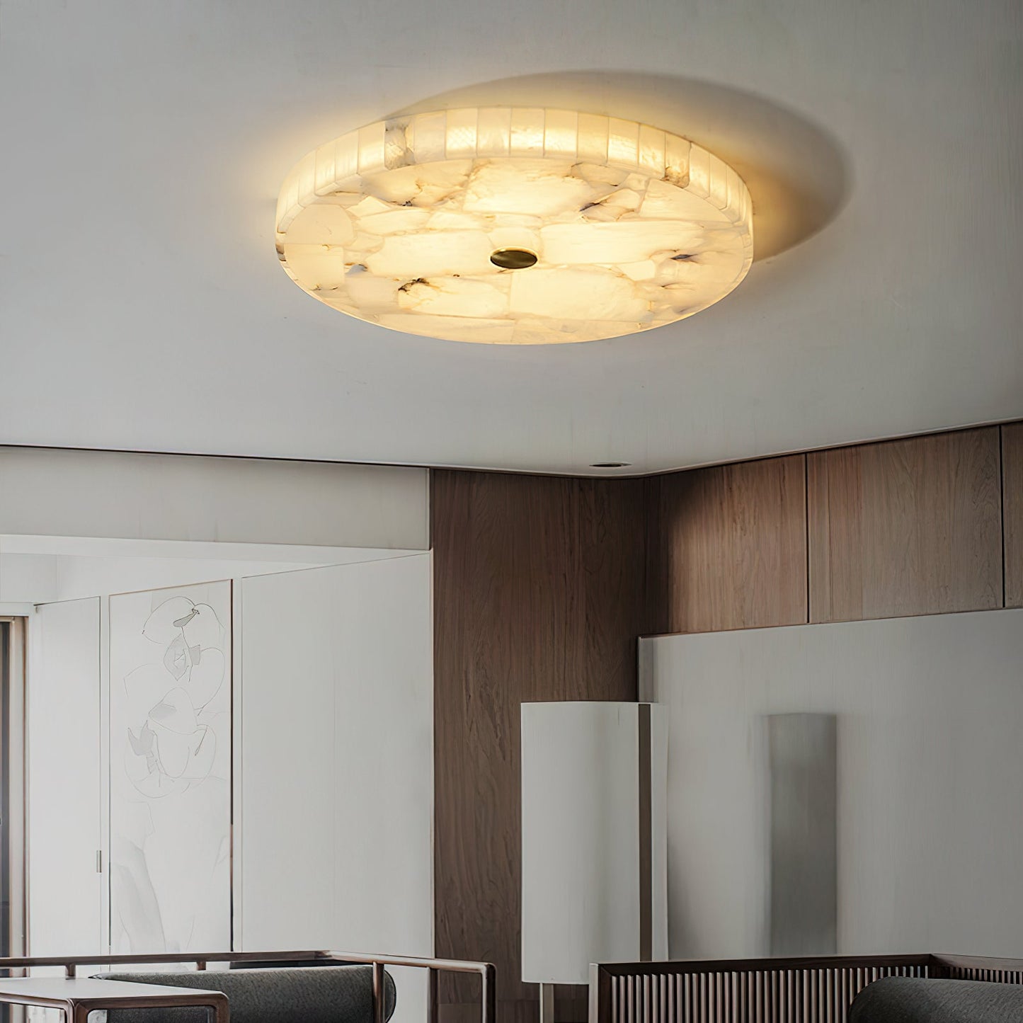 Round Mosaic Alabaster Ceiling Lamp - Genuine Stone & Brass Flush Mount LED | Luxury Modern Organic Lighting