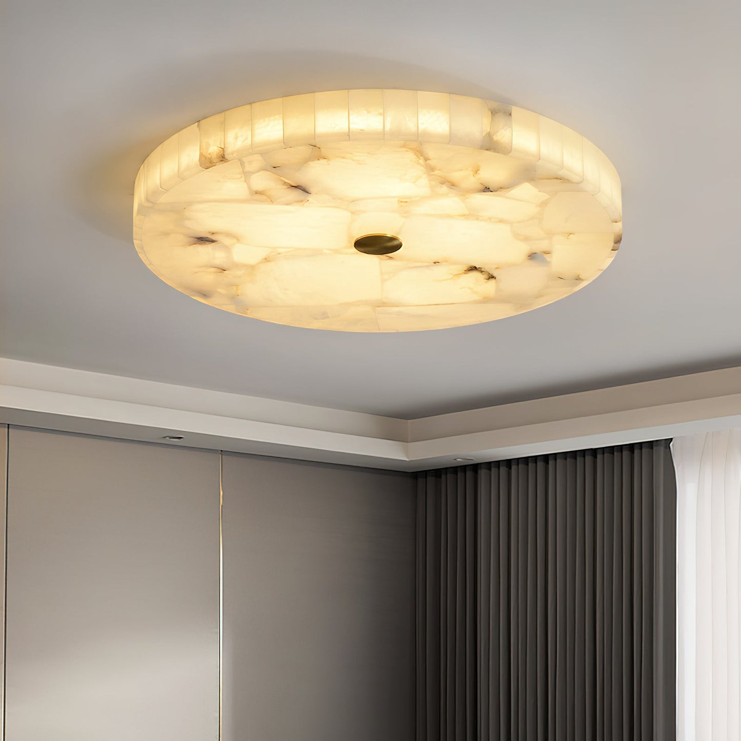 Round Mosaic Alabaster Ceiling Lamp - Genuine Stone & Brass Flush Mount LED | Luxury Modern Organic Lighting