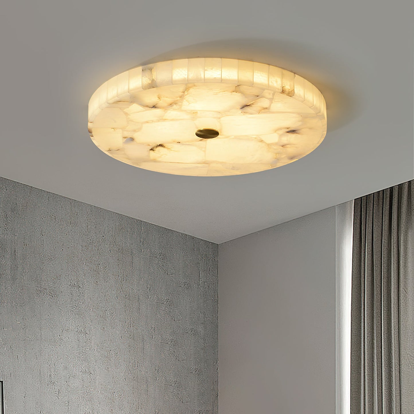 Round Mosaic Alabaster Ceiling Lamp - Genuine Stone & Brass Flush Mount LED | Luxury Modern Organic Lighting