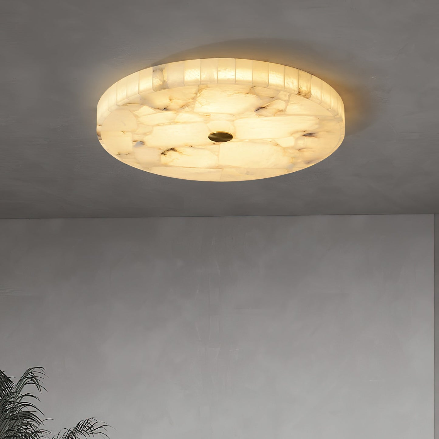 Round Mosaic Alabaster Ceiling Lamp - Genuine Stone & Brass Flush Mount LED | Luxury Modern Organic Lighting