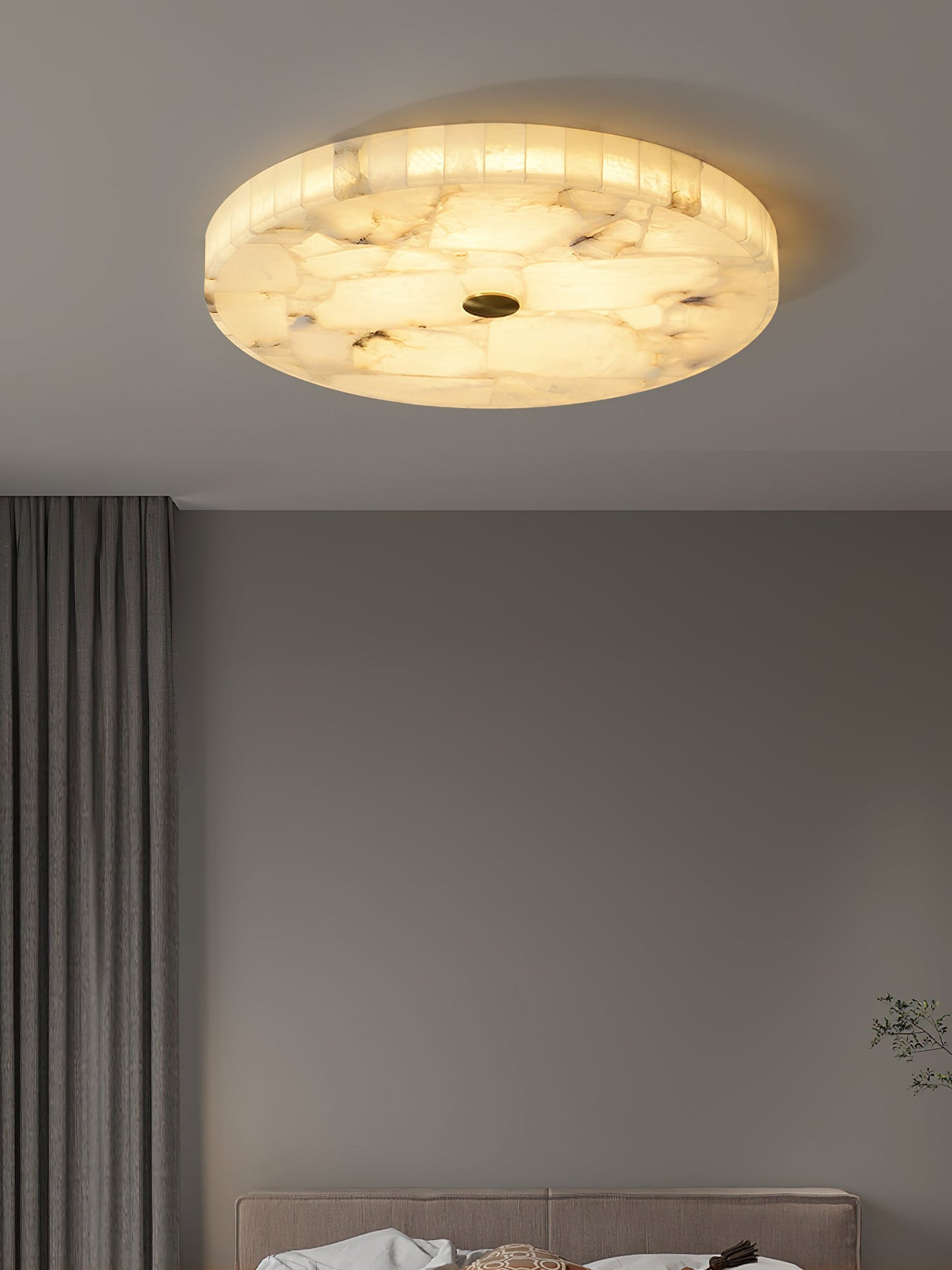 Round Mosaic Alabaster Ceiling Lamp - Genuine Stone & Brass Flush Mount LED | Luxury Modern Organic Lighting