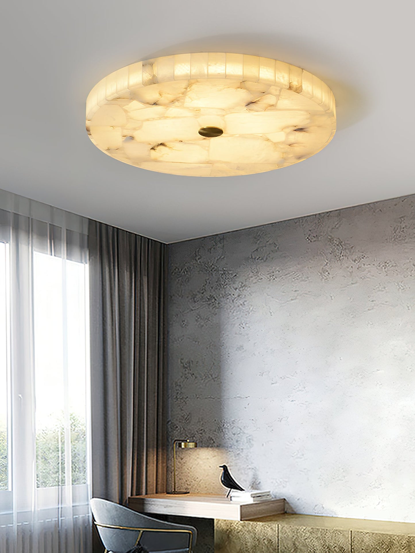 Round Mosaic Alabaster Ceiling Lamp - Genuine Stone & Brass Flush Mount LED | Luxury Modern Organic Lighting