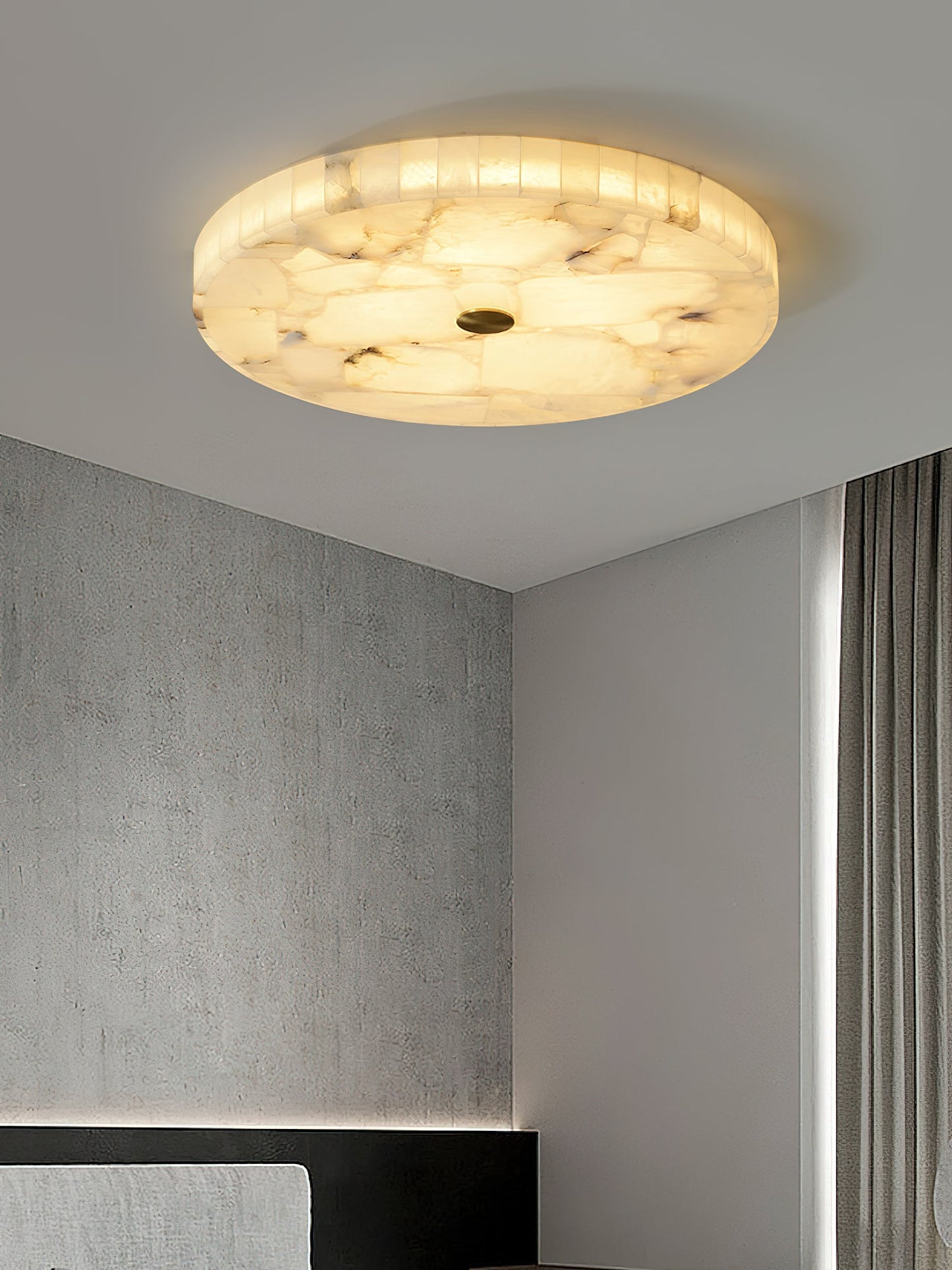 Round Mosaic Alabaster Ceiling Lamp - Genuine Stone & Brass Flush Mount LED | Luxury Modern Organic Lighting