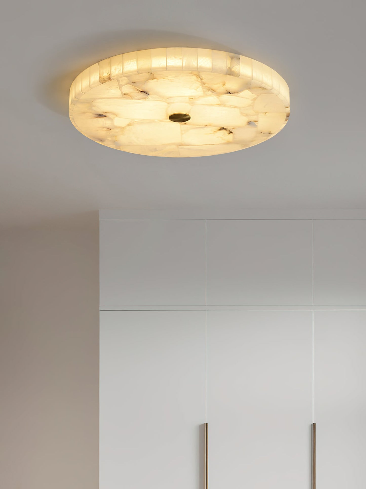 Round Mosaic Alabaster Ceiling Lamp - Genuine Stone & Brass Flush Mount LED | Luxury Modern Organic Lighting
