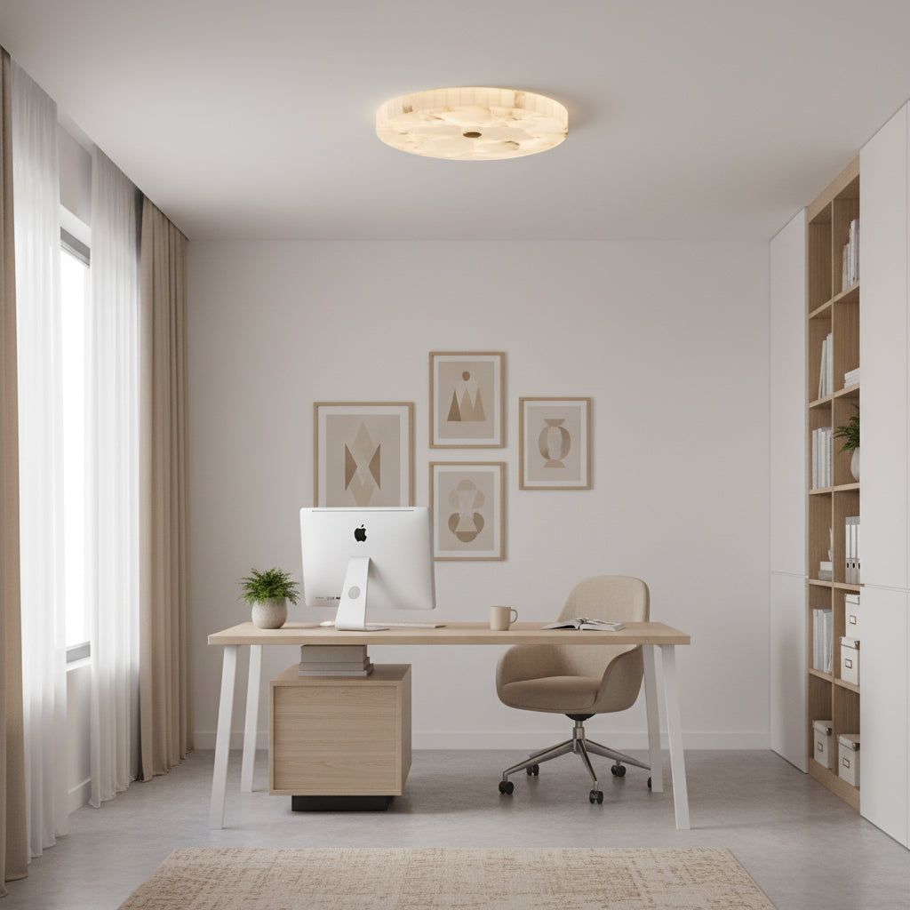 Round Mosaic Alabaster Ceiling Lamp - Genuine Stone & Brass Flush Mount LED | Luxury Modern Organic Lighting