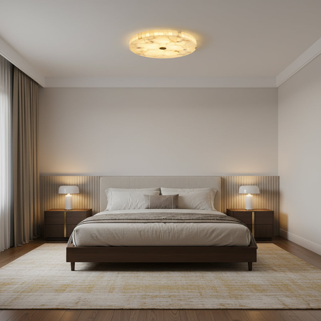 Round Mosaic Alabaster Ceiling Lamp - Genuine Stone & Brass Flush Mount LED | Luxury Modern Organic Lighting