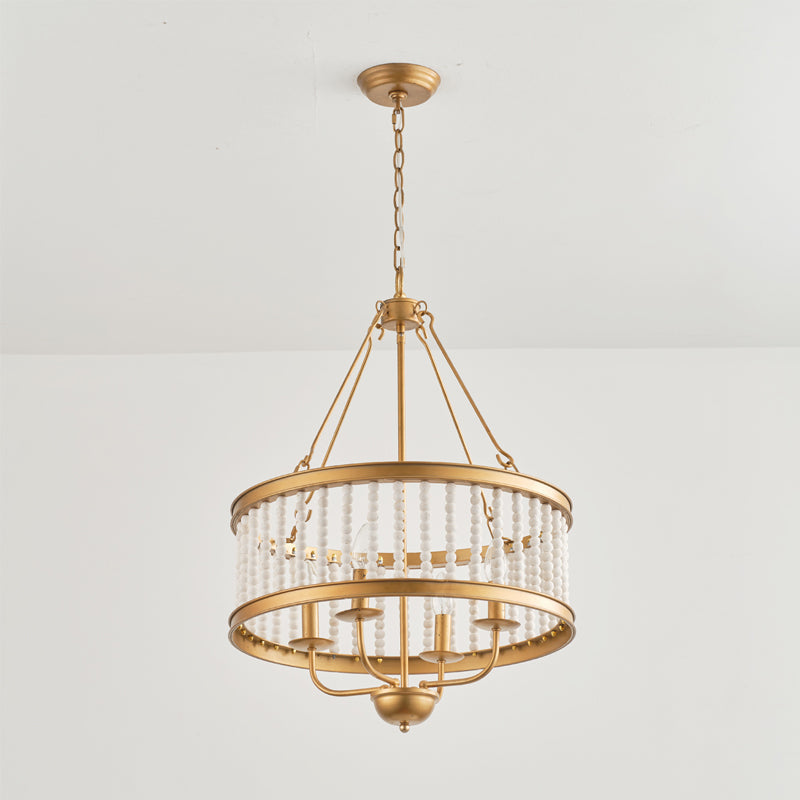 Roux Beaded Chandelier - Modern Glam Wood Bead Ring Pendant | Copper & Iron 4-Light Chandelier