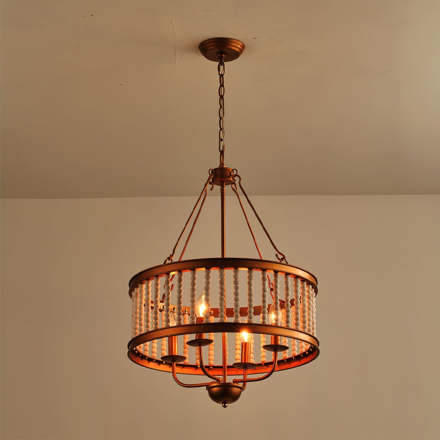 Roux Beaded Chandelier - Modern Glam Wood Bead Ring Pendant | Copper & Iron 4-Light Chandelier