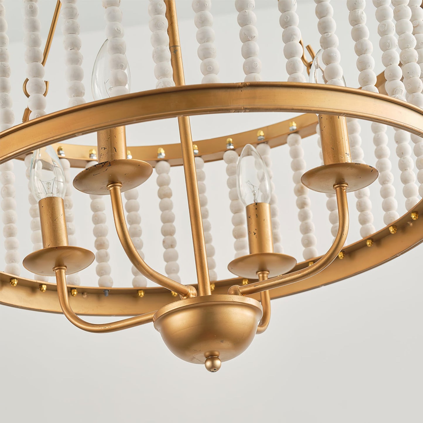 Roux Beaded Chandelier - Modern Glam Wood Bead Ring Pendant | Copper & Iron 4-Light Chandelier