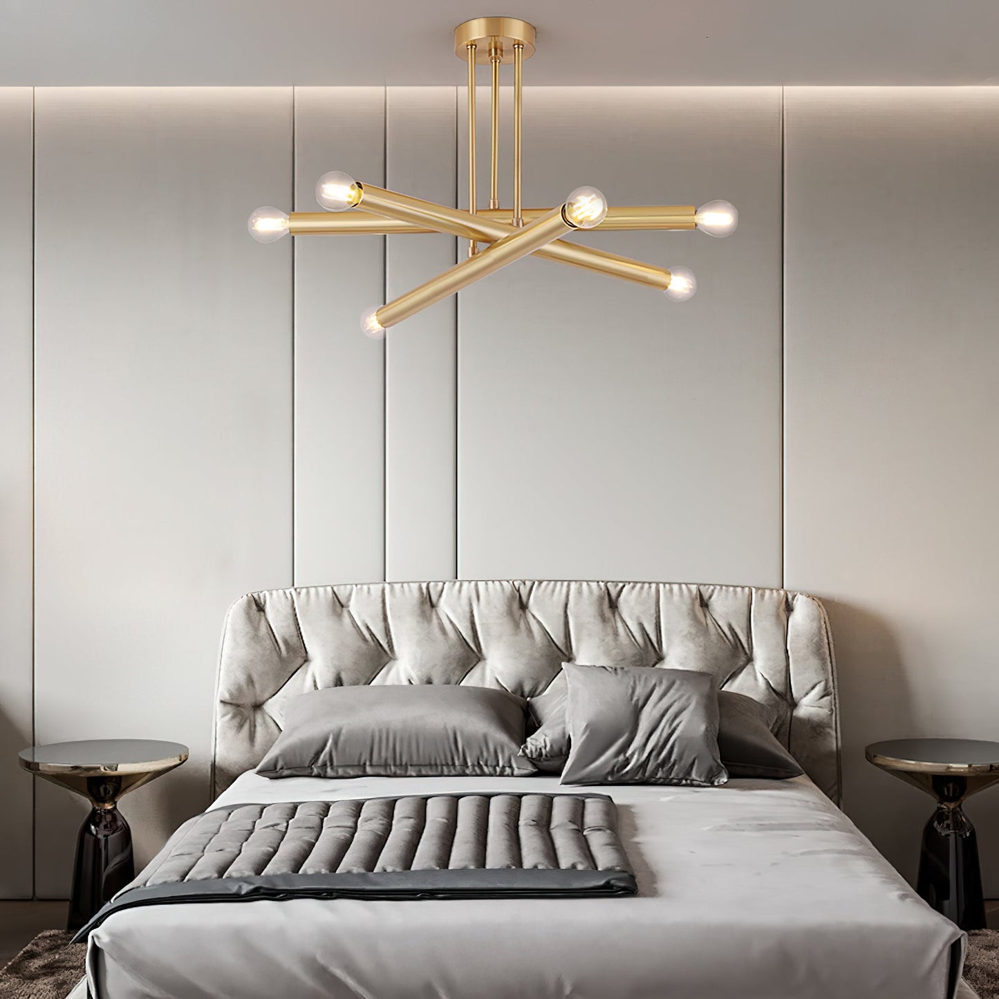 Ruven Chandelier - Mid-Century Modern Brass Spider Chandelier | Multi-Directional Exposed Bulb Light