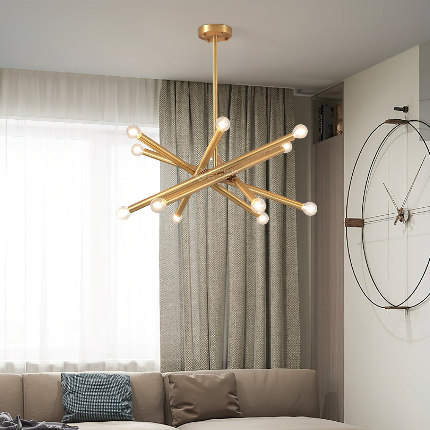 Ruven Chandelier - Mid-Century Modern Brass Spider Chandelier | Multi-Directional Exposed Bulb Light