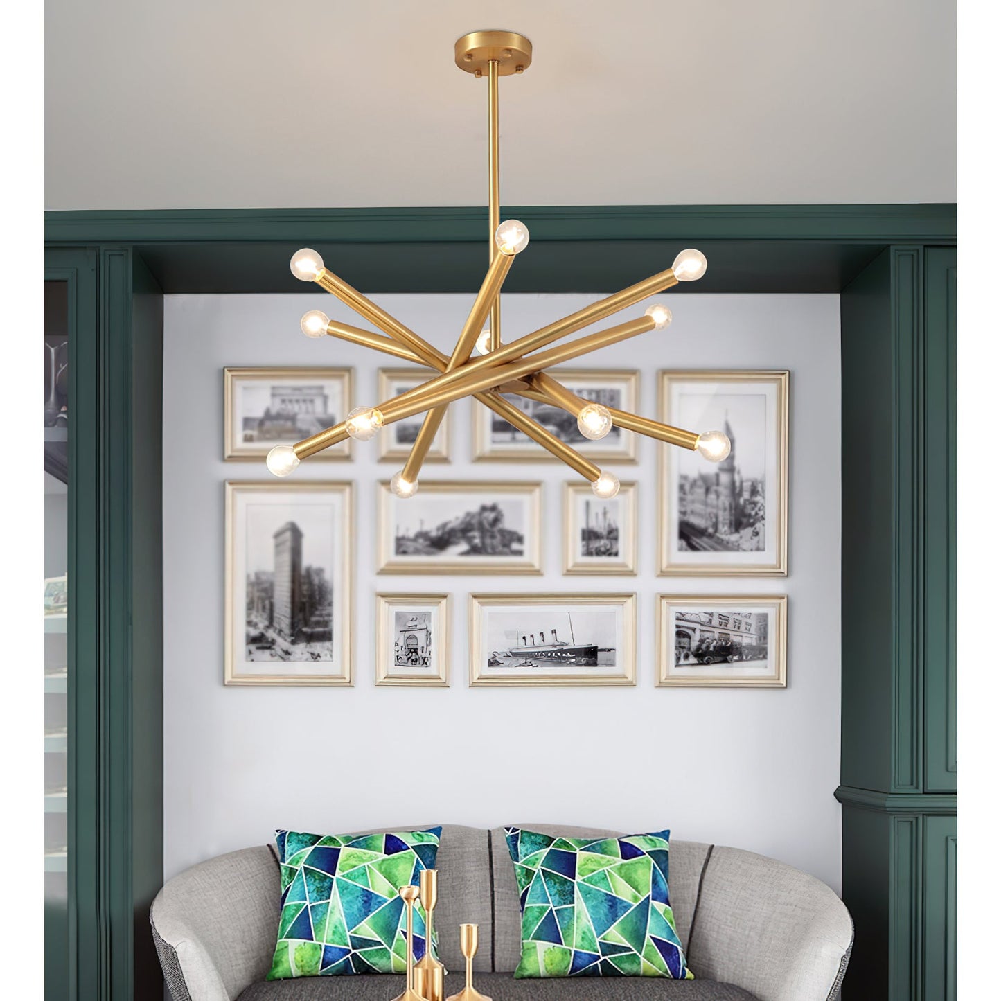 Ruven Chandelier - Mid-Century Modern Brass Spider Chandelier | Multi-Directional Exposed Bulb Light