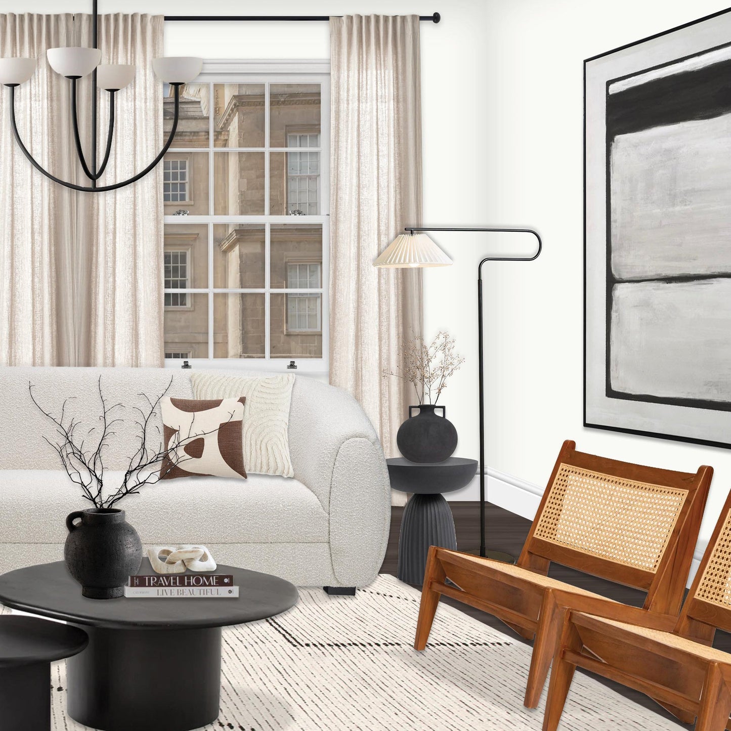 Ruzo Chandelier - Minimalist 4-Light Porcelain & Brass Pendant | Monochrome Designer Chandelier