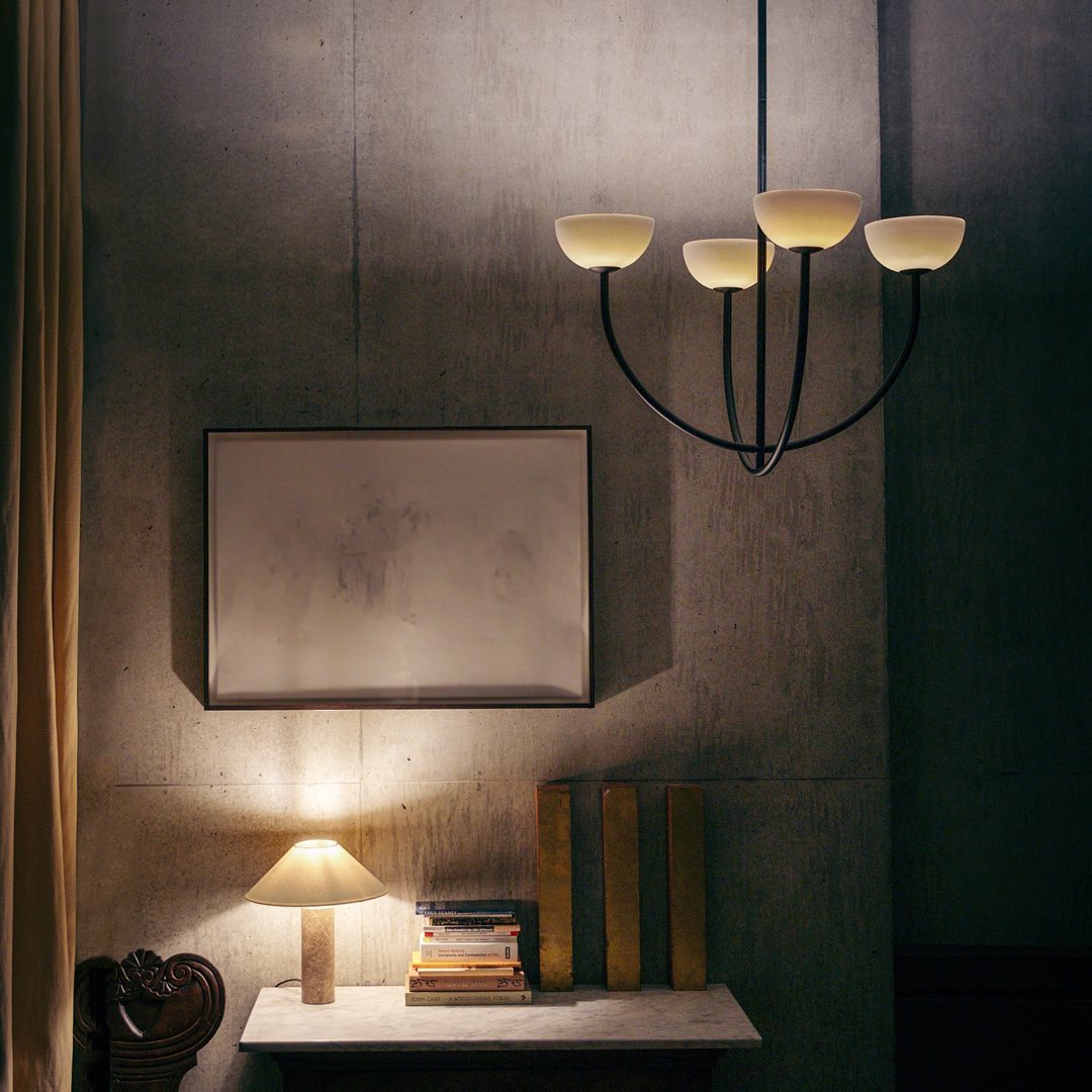 Ruzo Chandelier - Minimalist 4-Light Porcelain & Brass Pendant | Monochrome Designer Chandelier