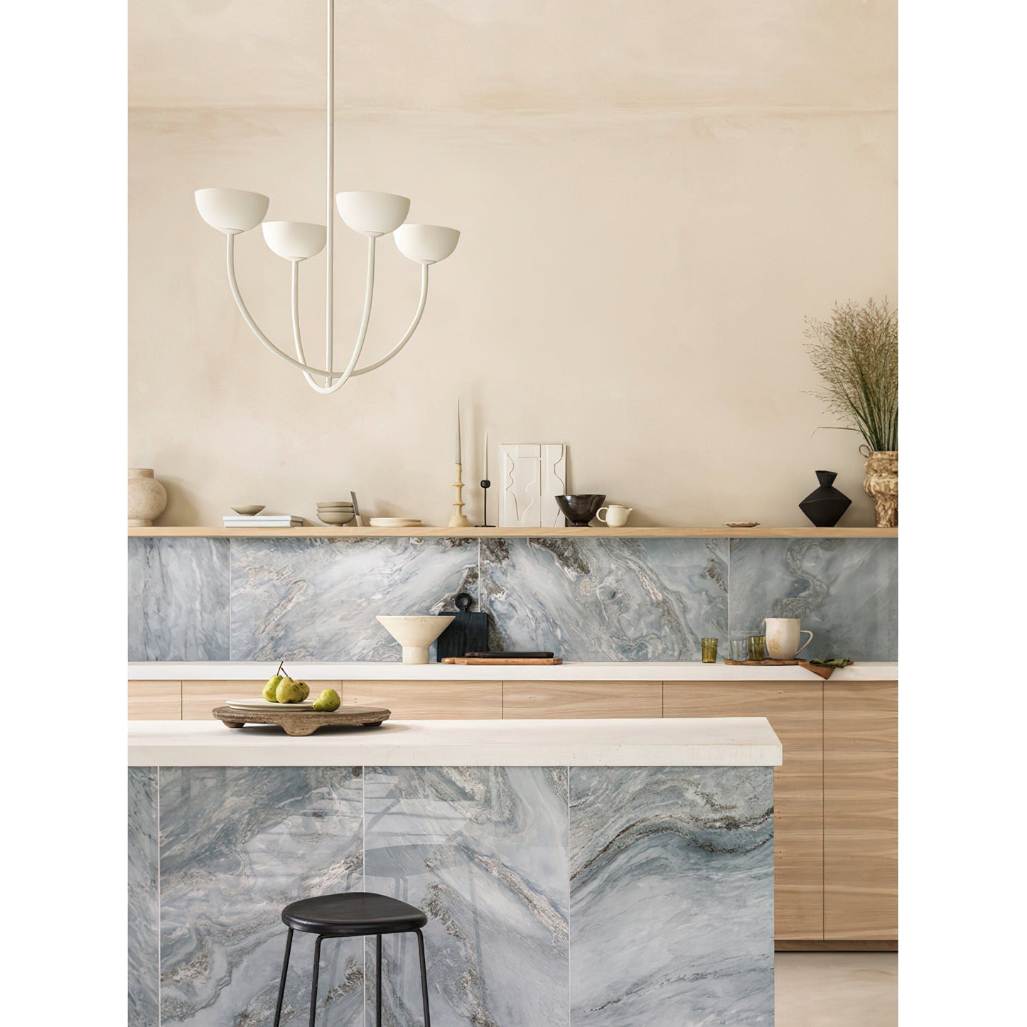 Ruzo Chandelier - Minimalist 4-Light Porcelain & Brass Pendant | Monochrome Designer Chandelier