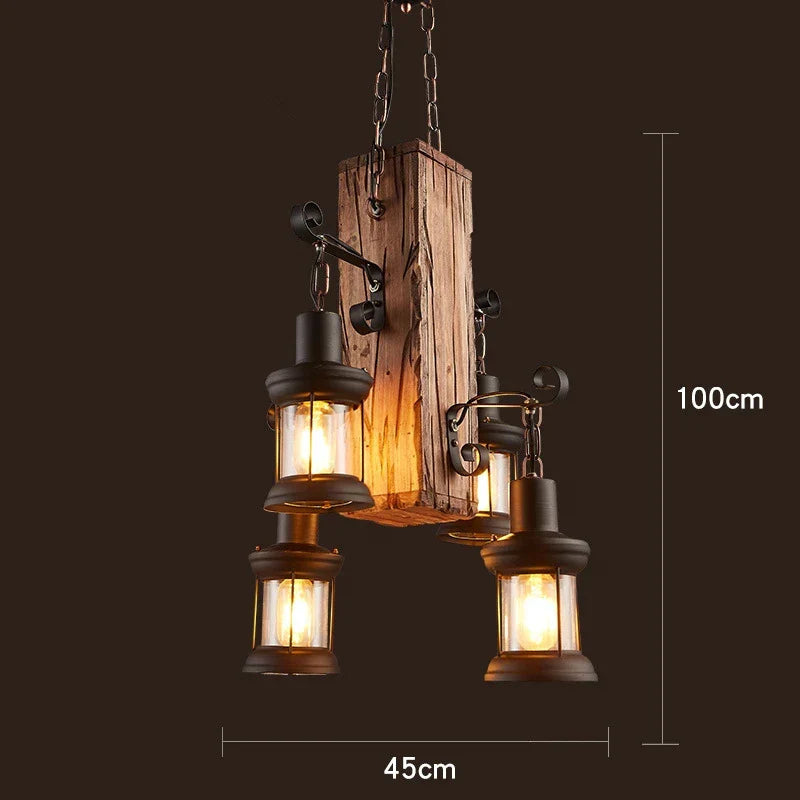 Wooden LED Chandelier - Solid Wood & Iron Industrial Rustic Dining Chandelier