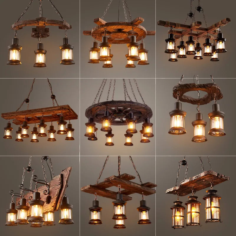 Wooden LED Chandelier - Solid Wood & Iron Industrial Rustic Dining Chandelier
