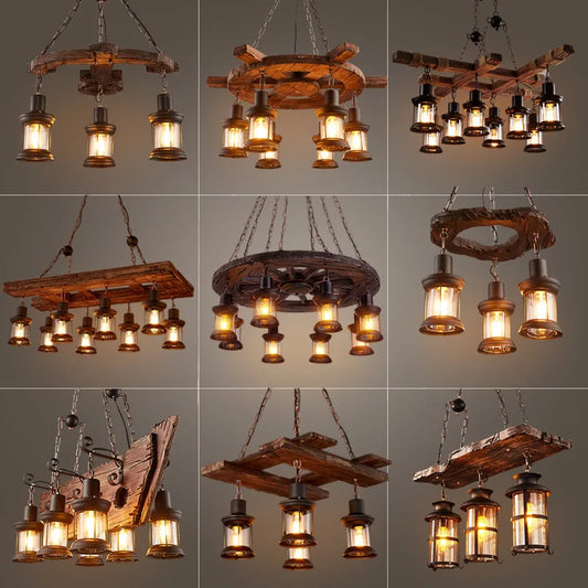Wooden LED Chandelier - Solid Wood & Iron Industrial Rustic Dining Chandelier
